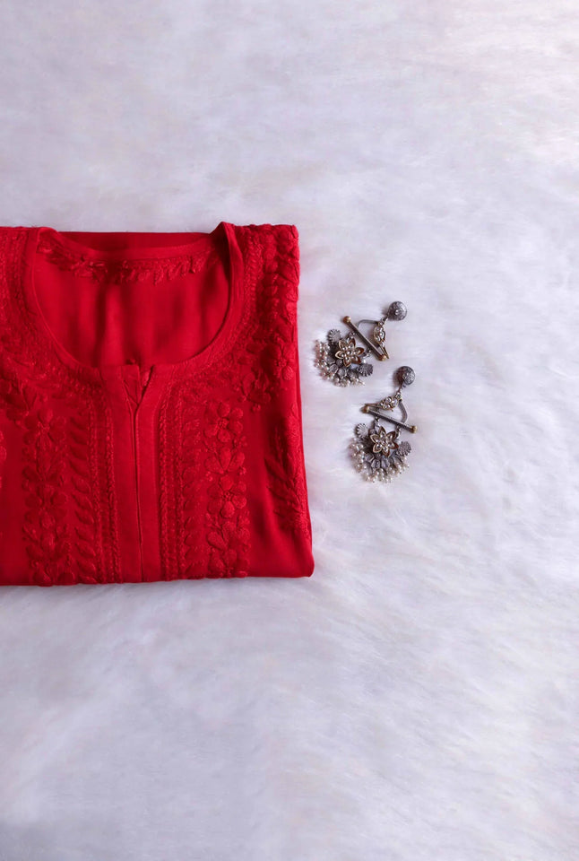 Graceful Chanderi Embroidered Baby Red Chikankari Kurti and Pant Set