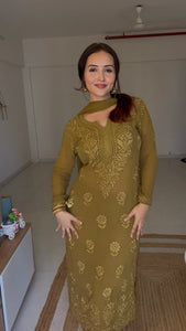 Graceful Chanderi Embroidered Chikankari Kurti and Pant Set