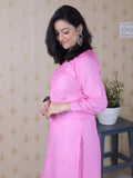 Graceful Chanderi Embroidered Baby Pink Chikankari Kurti and Pant Set'