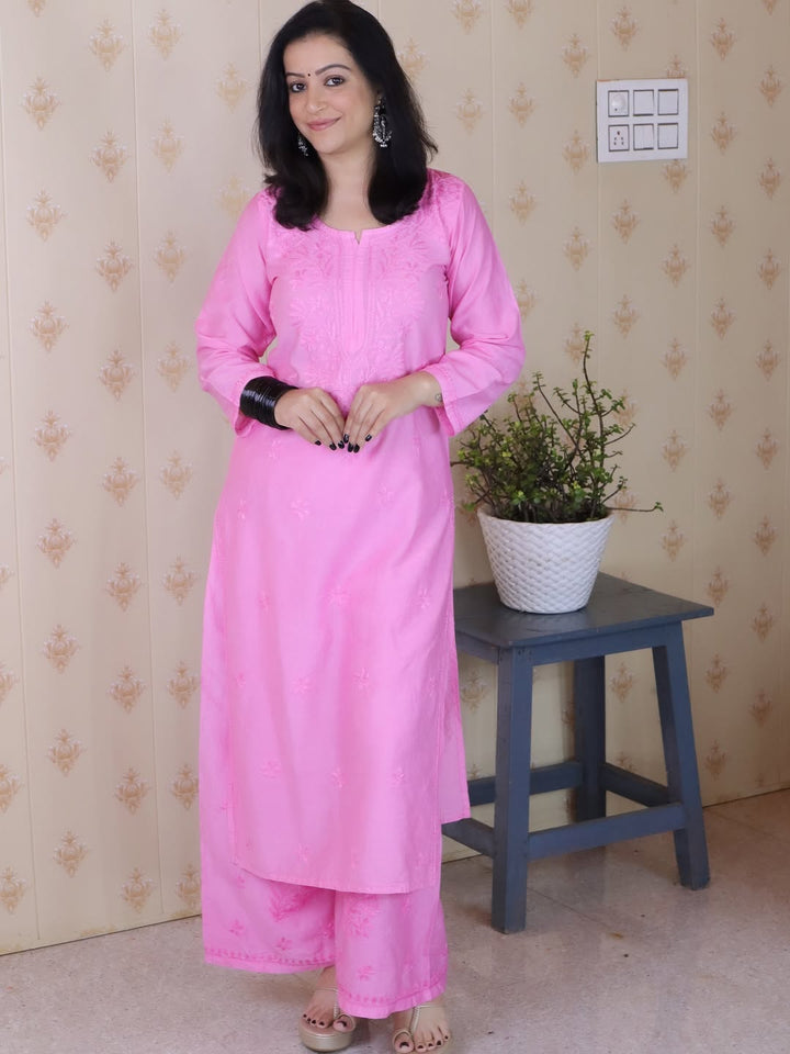Graceful Chanderi Embroidered Baby Pink Chikankari Kurti and Pant Set'