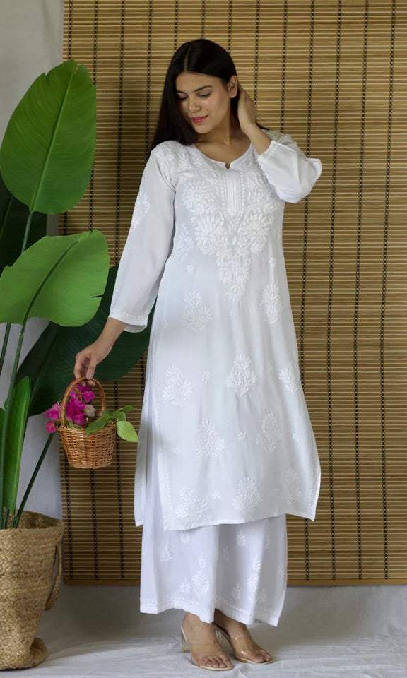 Elegant Chanderi Chikankari Long Kurta