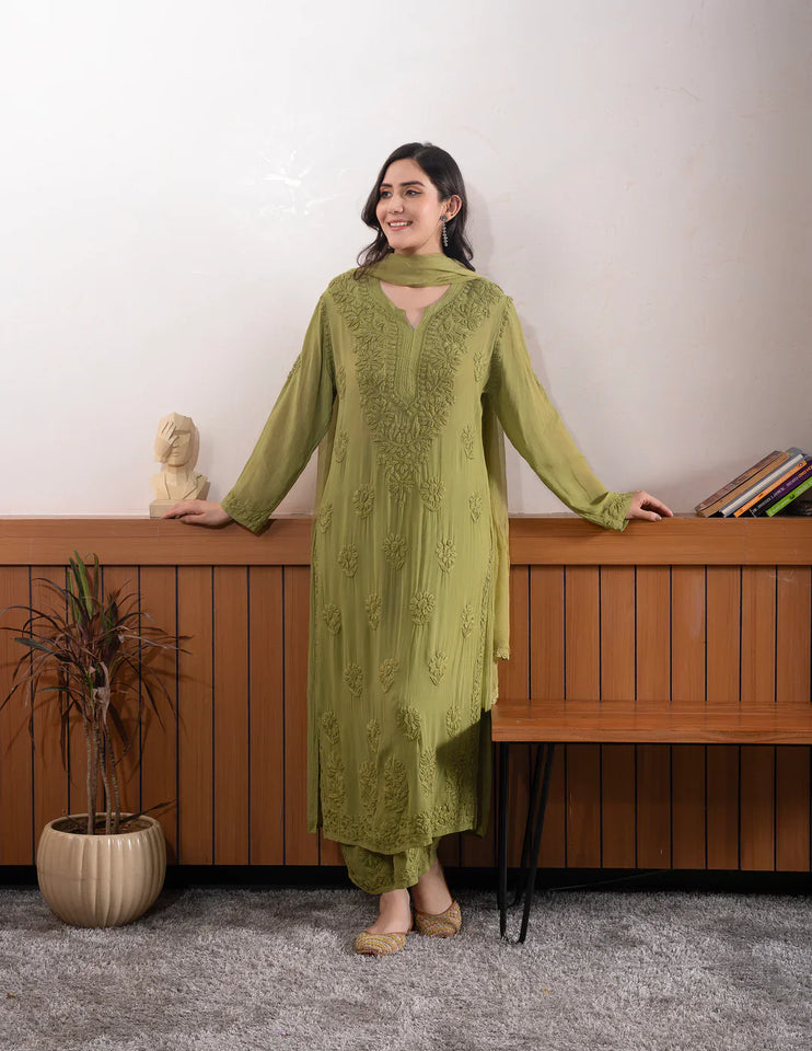 Graceful Chanderi Embroidered Mehndi Green Chikankari Kurti and Pant Set