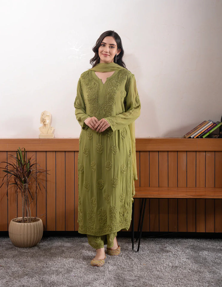 Graceful Chanderi Embroidered Mehndi Green Chikankari Kurti and Pant Set