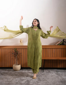 Graceful Chanderi Embroidered Mehndi Green Chikankari Kurti and Pant Set