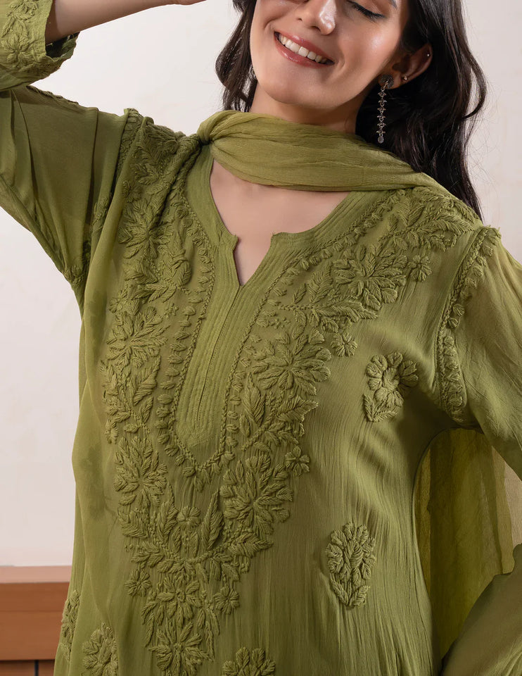 Graceful Chanderi Embroidered Mehndi Green Chikankari Kurti and Pant Set