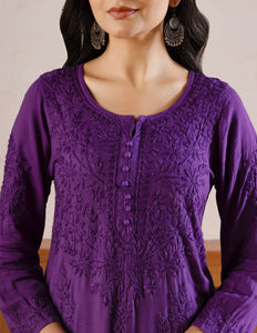 Graceful Chanderi Embroidered Chikankari Kurti and Pant Set