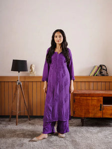 Graceful Chanderi Embroidered Chikankari Kurti and Pant Set