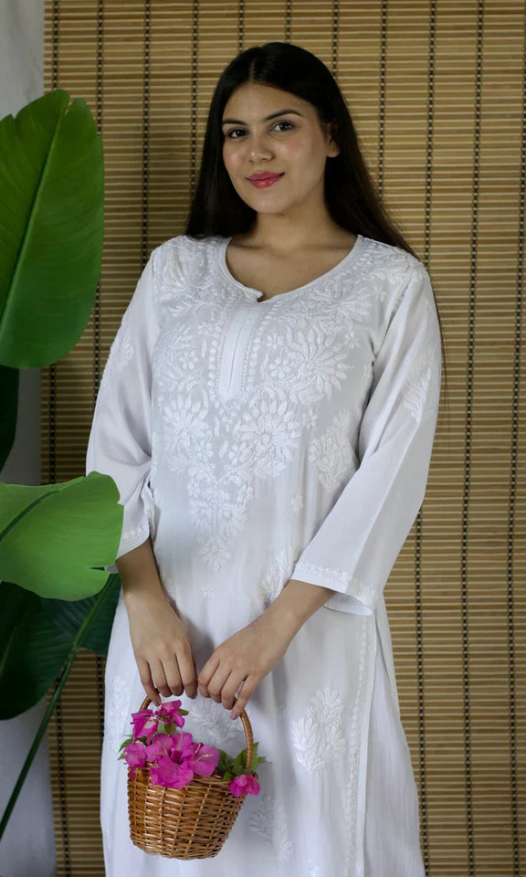 Elegant Chanderi Chikankari Long Kurta