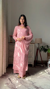 Graceful Chanderi Embroidered Peach Chikankari Kurti and Pant Set