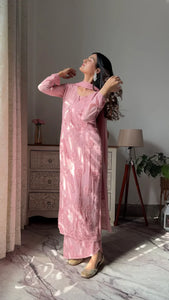 Graceful Chanderi Embroidered Peach Chikankari Kurti and Pant Set