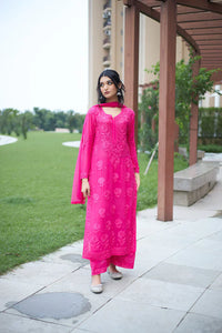 Graceful Chanderi Embroidered Pink Chikankari Kurti and Pant Set