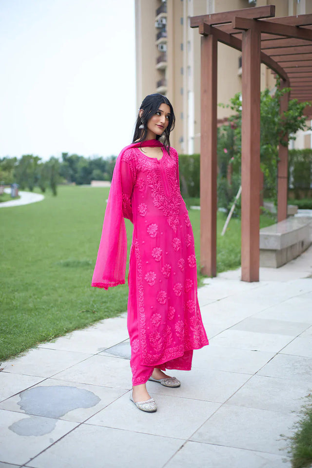 Graceful Chanderi Embroidered Pink Chikankari Kurti and Pant Set