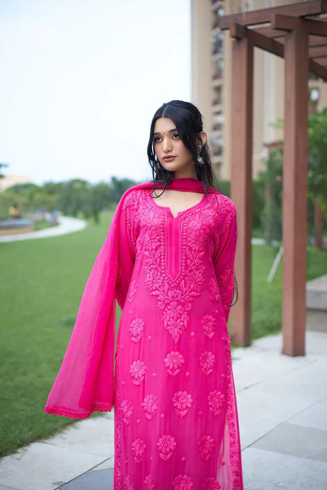 Graceful Chanderi Embroidered Pink Chikankari Kurti and Pant Set