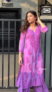 Graceful Chanderi Embroidered Purple Chikankari Kurti and Pant Set