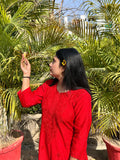 Graceful Chanderi Embroidered Baby Red Chikankari Kurti and Pant Set