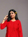 Graceful Chanderi Embroidered Baby Red Chikankari Kurti and Pant Set