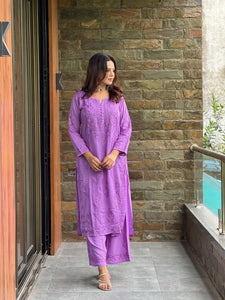 Graceful Chanderi Embroidered Purple Chikankari Kurti and Pant Set