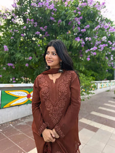 Graceful Chanderi Embroidered Brown Chikankari Kurti and Pant Set