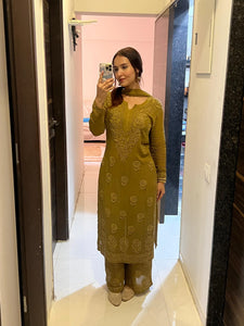 Graceful Chanderi Embroidered Chikankari Kurti and Pant Set